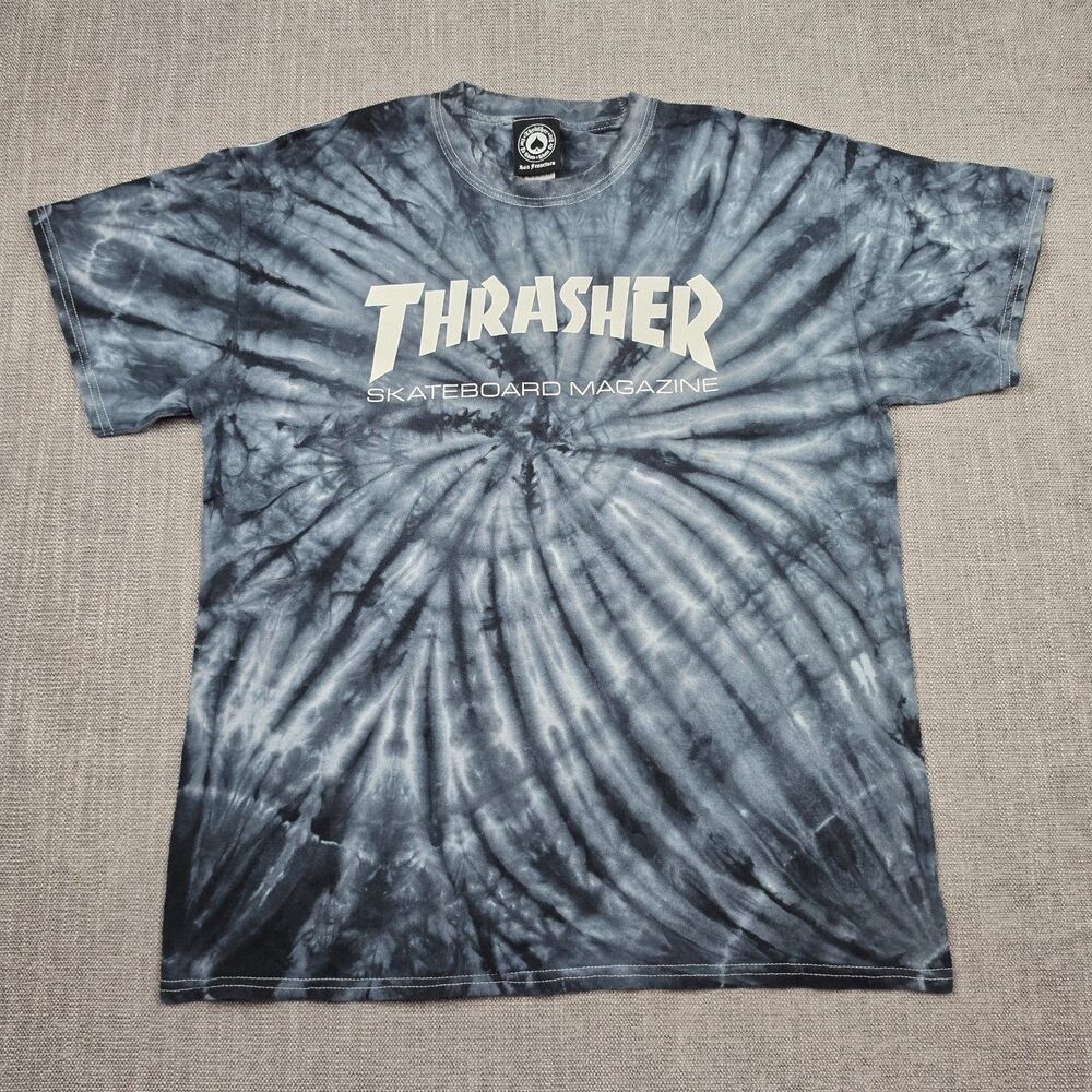 Thrasher Skateboard Magazine Tie Dye T Shirt Mens Large Black Grey Spiral Tee L